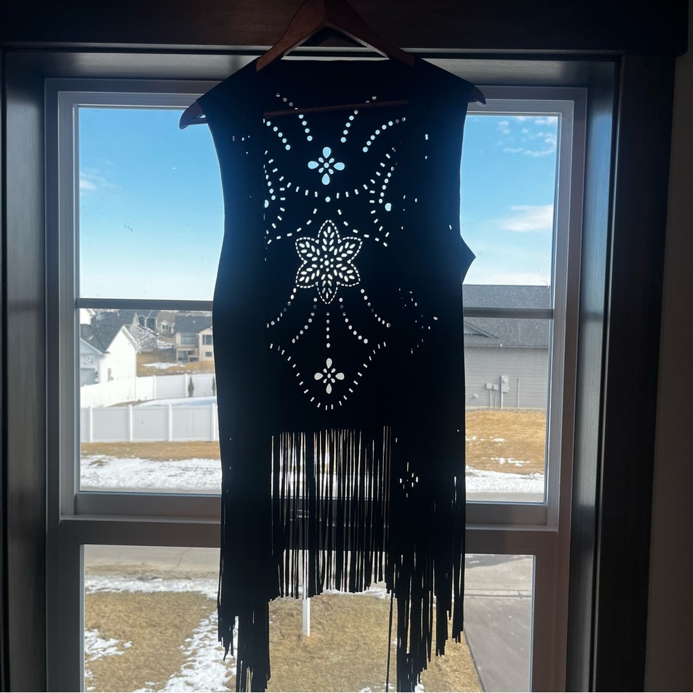 Laser Cut Fringe Trim Suedette Vest
